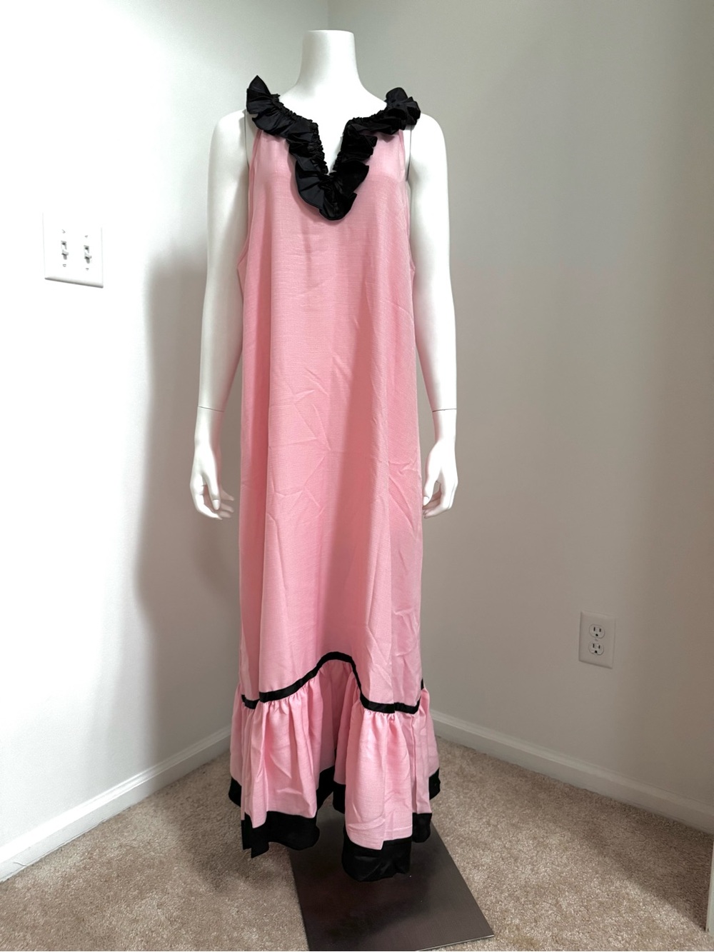 Pink Maxi Dress with Black Ruffle Trim